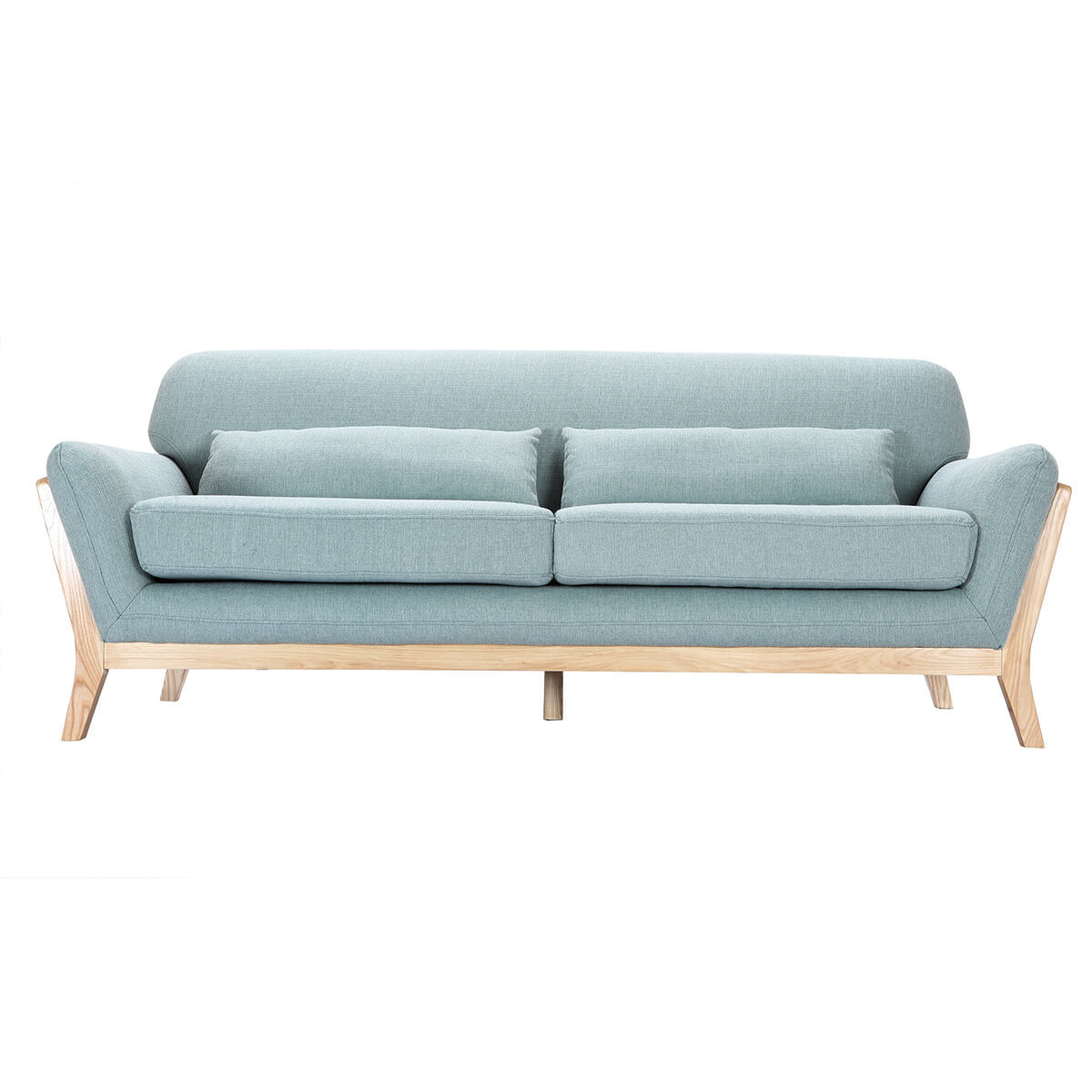 Canapé scandinave 3 places en tissu effet velours texturé terre brûlée et bois clair YOKO vert lagon, MILIBOO