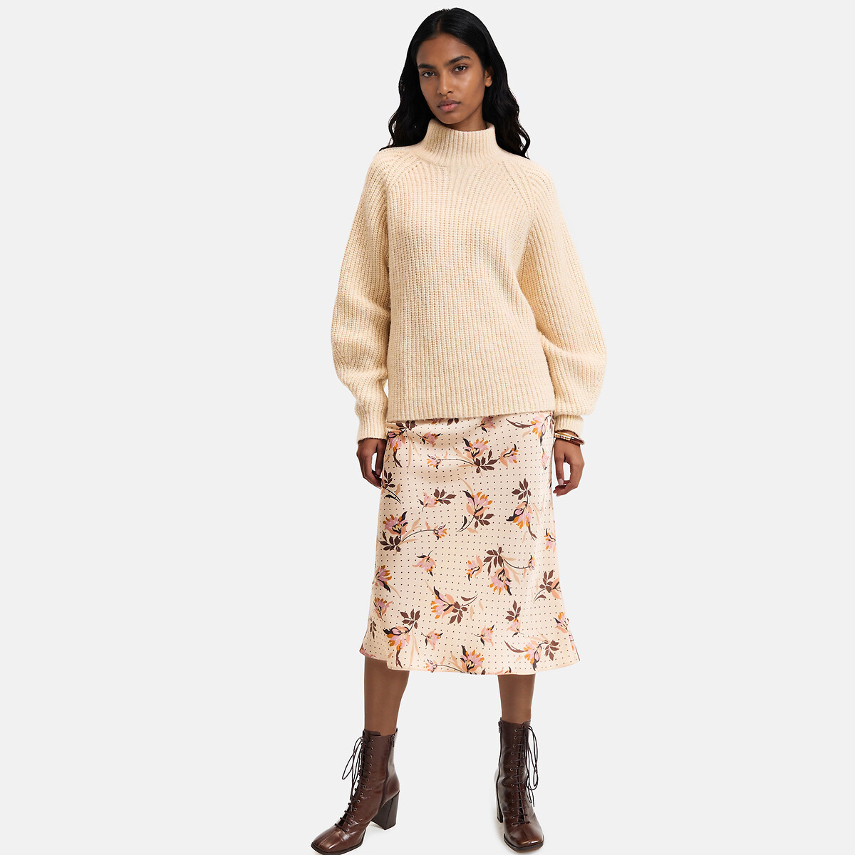 Pull loose côtelé, col montant ecru, LA REDOUTE COLLECTIONS