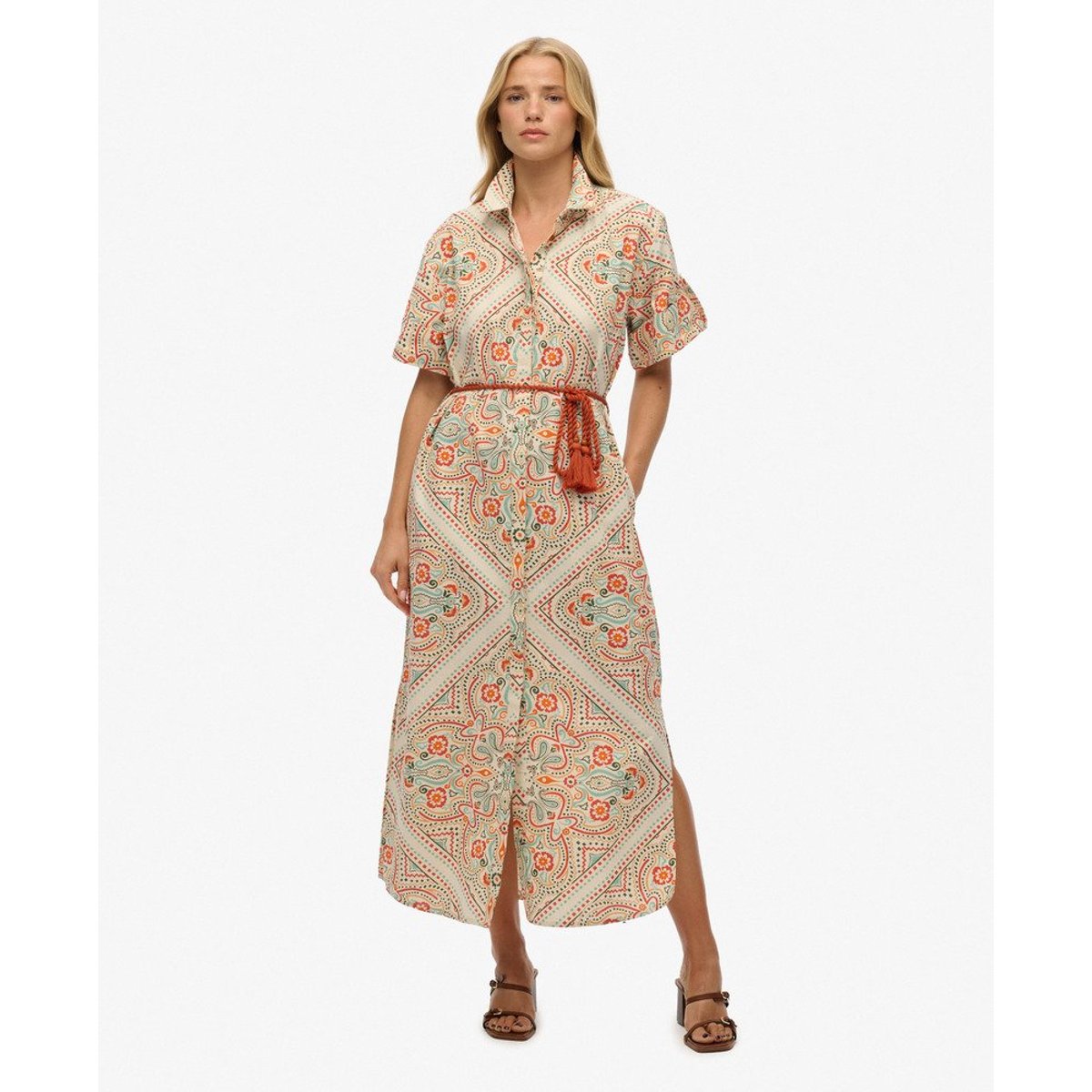 Robe-chemise longue en lin crème imprimé mosaïque matera, SUPERDRY