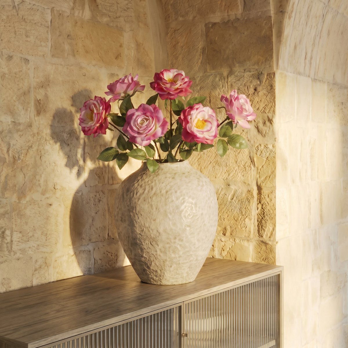 Bouquet de 6 tiges de roses artificiel H64 rose, SIA