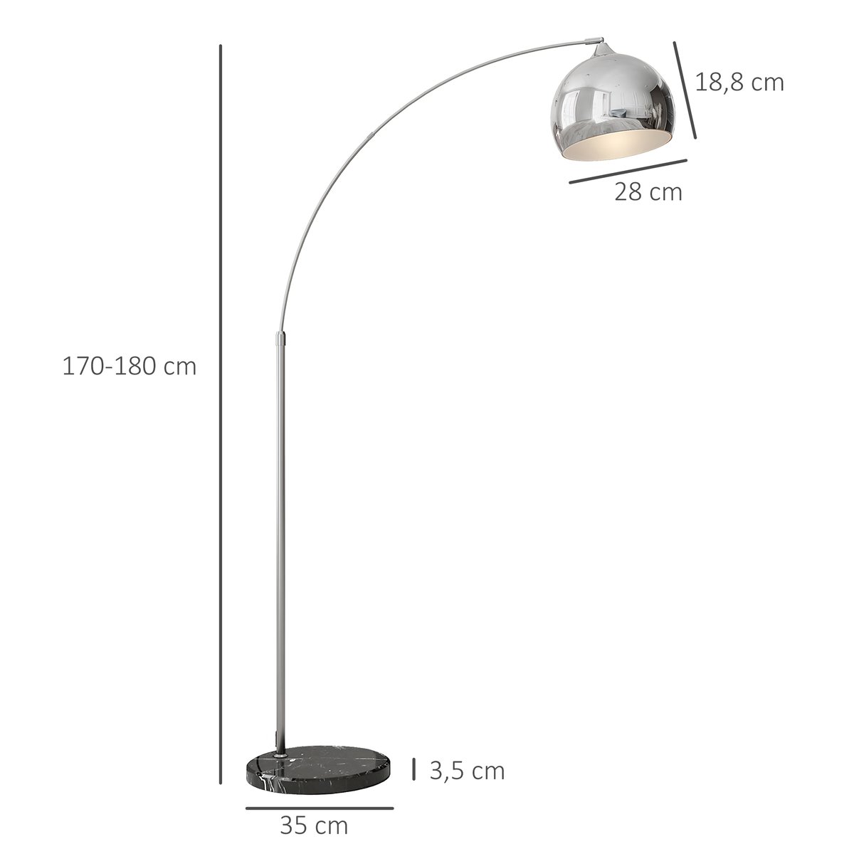 Lampadaire arc - lampadaire arceau courbé design - marbre noir métal gris, HOMCOM