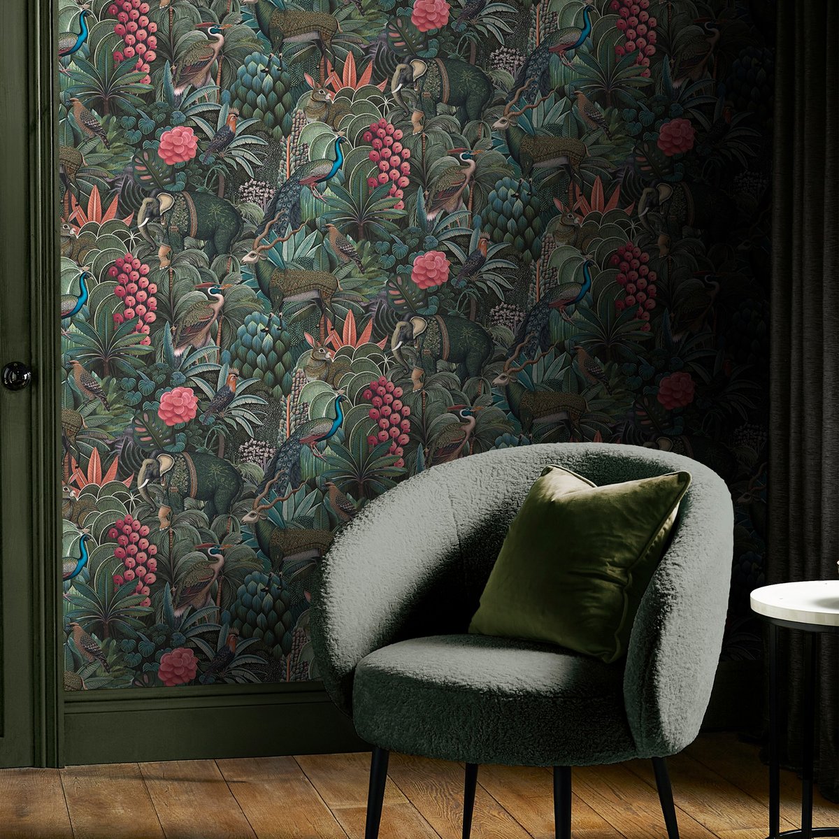 Papier peint Jungle Jamboree vert, rose, brun, bleu, GRAHAM ET BROWN