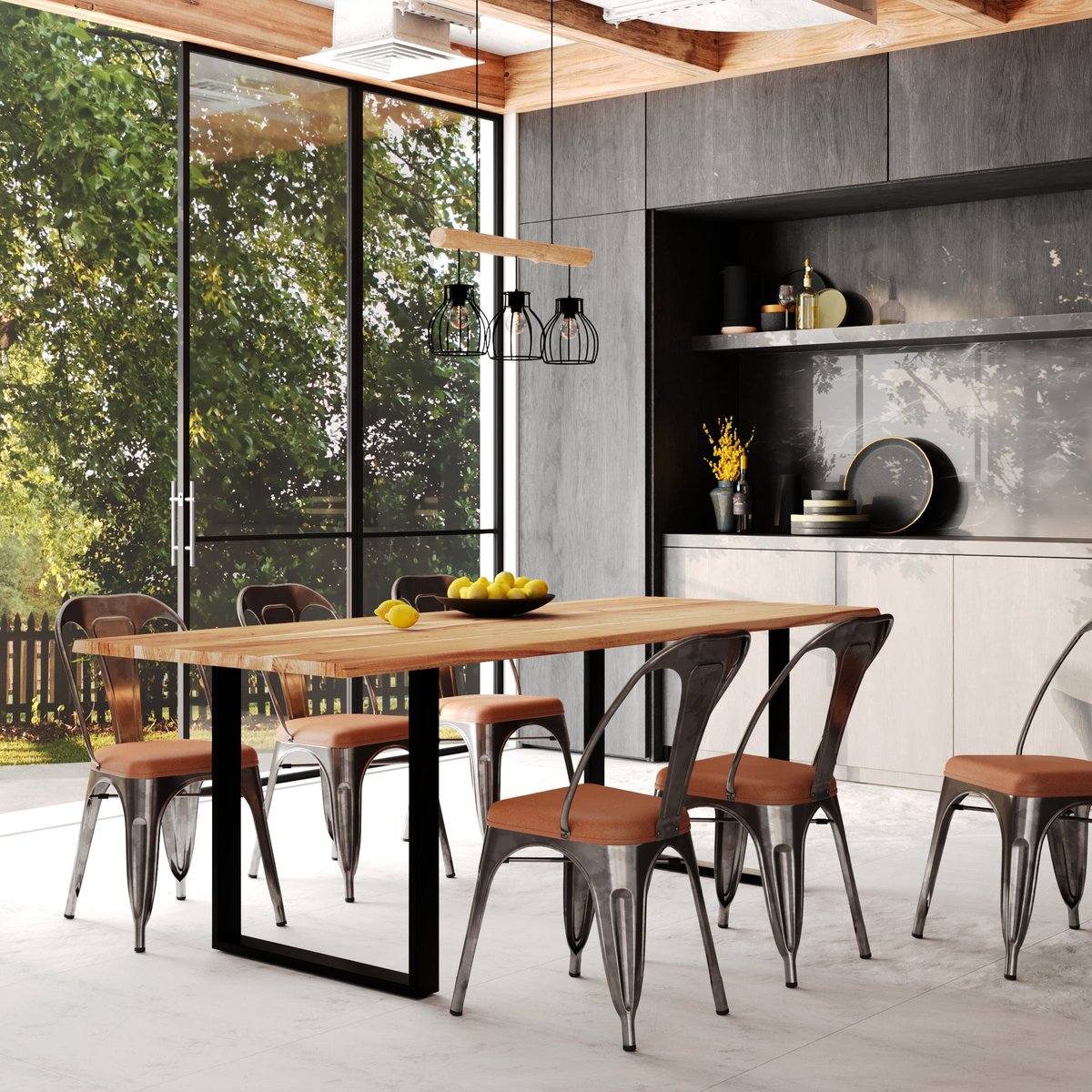Lot de 2 chaises en métal et cuir synthétique - CHARLY gris anthracite et marron, MAISON PAVANE