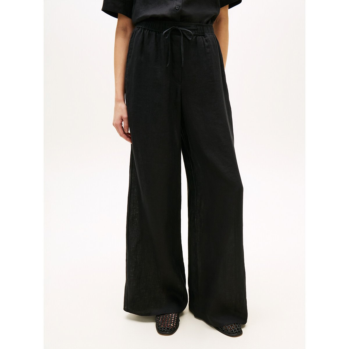 Linen Wide Leg Trousers black, TOMMY HILFIGER