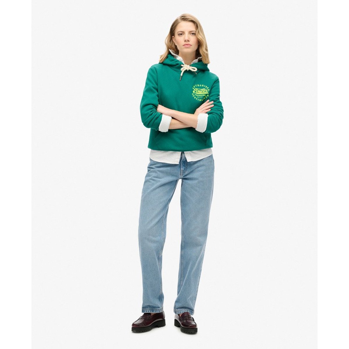 Sweat à capuche à motif brodé fluo vert tempête, SUPERDRY