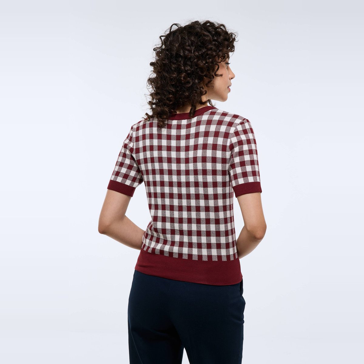 Pull manches courtes motif vichy cabernet, MONOPRIX