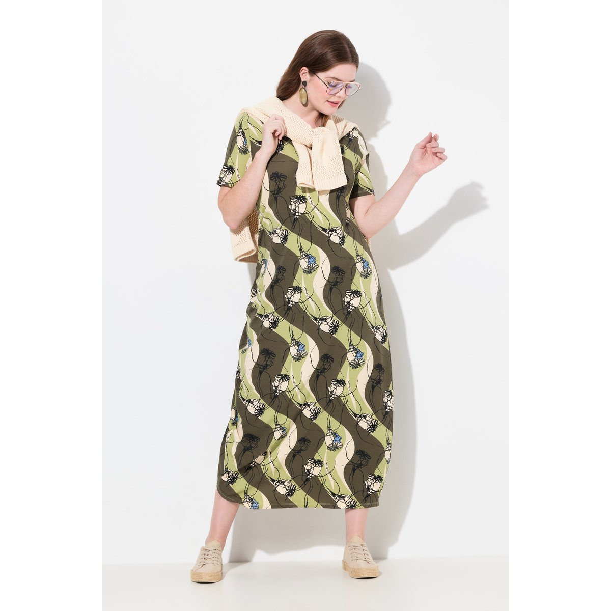 Robe Longue En Jersey, Encolure Ronde marron kaki, ULLA POPKEN