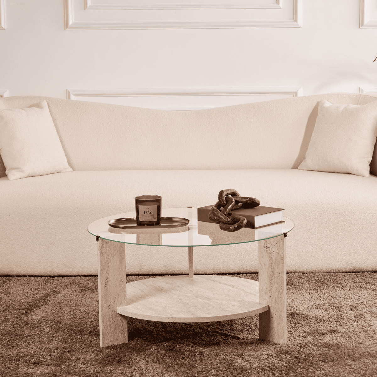 Table basse avec plateau en verre CLARA travertin, CALICOSY
