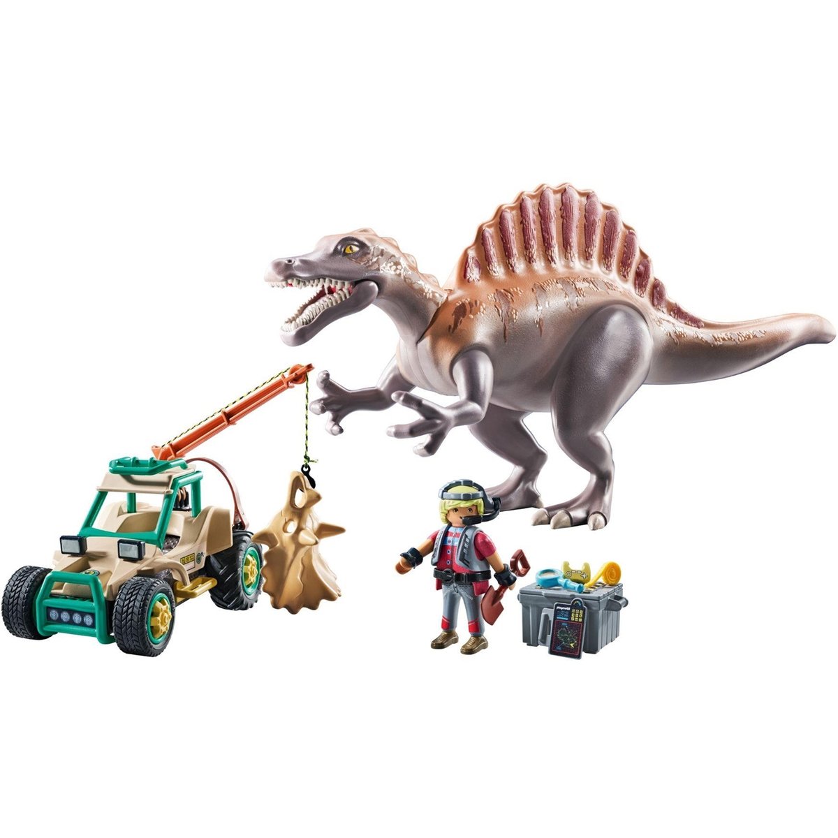 Spinosaure, chercheur et véhicule à grue pivotante multicolore, PLAYMOBIL
