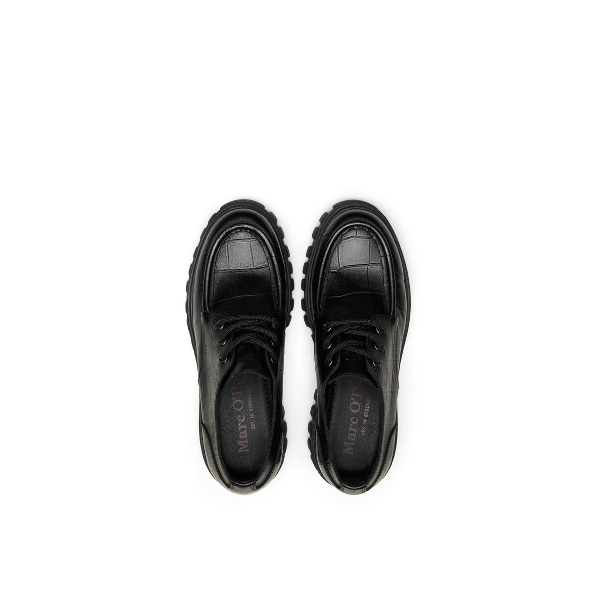 Chaussures à lacets à plateforme, modèle Vala en cuir de vachette aspect croco noir, MARC O'POLO