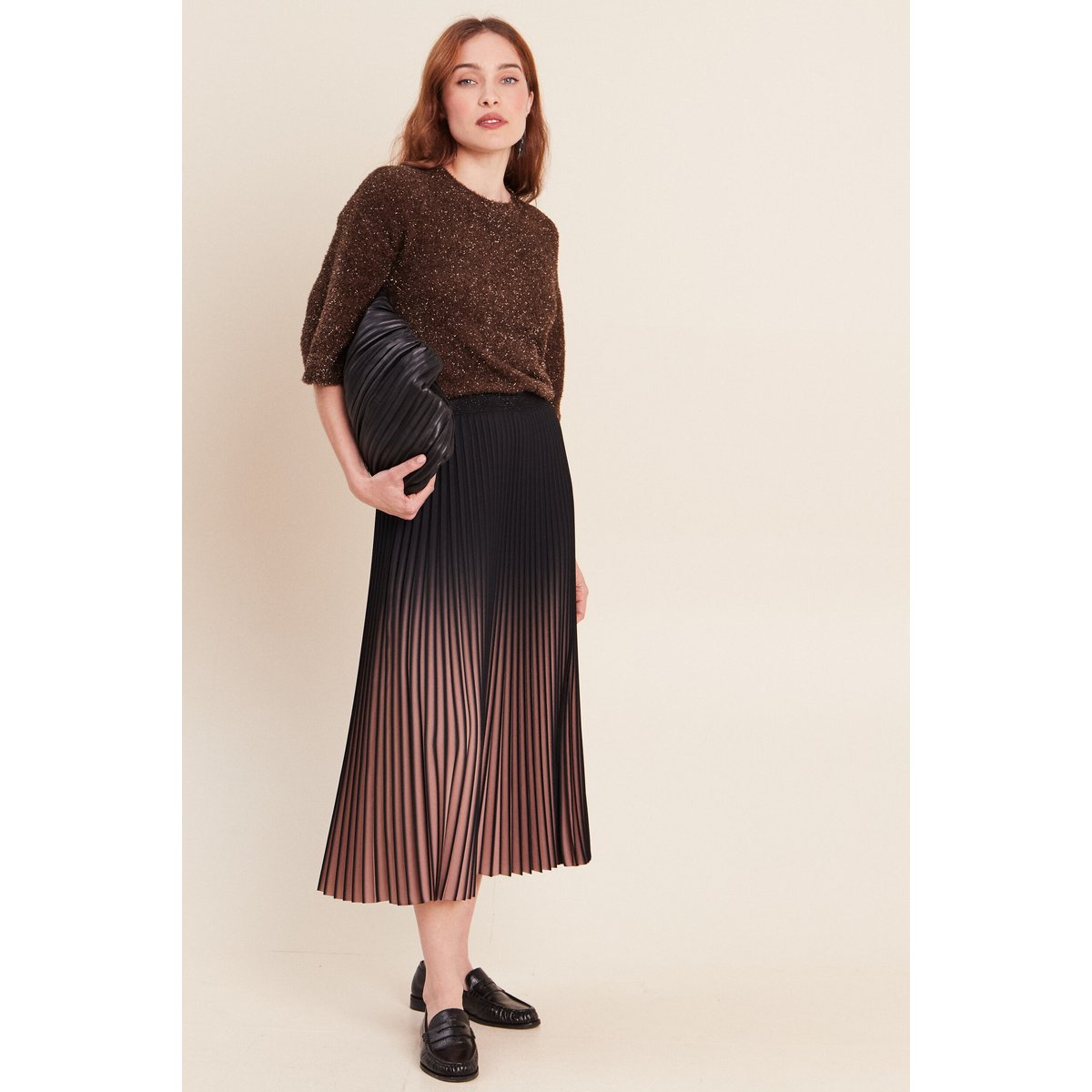 Jupe midi patineuse plissée marron foncé, BREAL