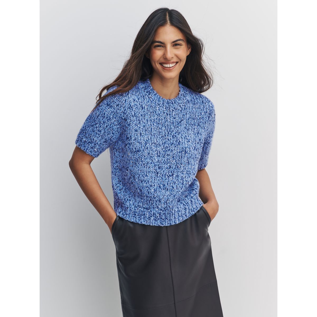 T-shirt torsadé à manches mi-longues en laine bleu multi, NEXT