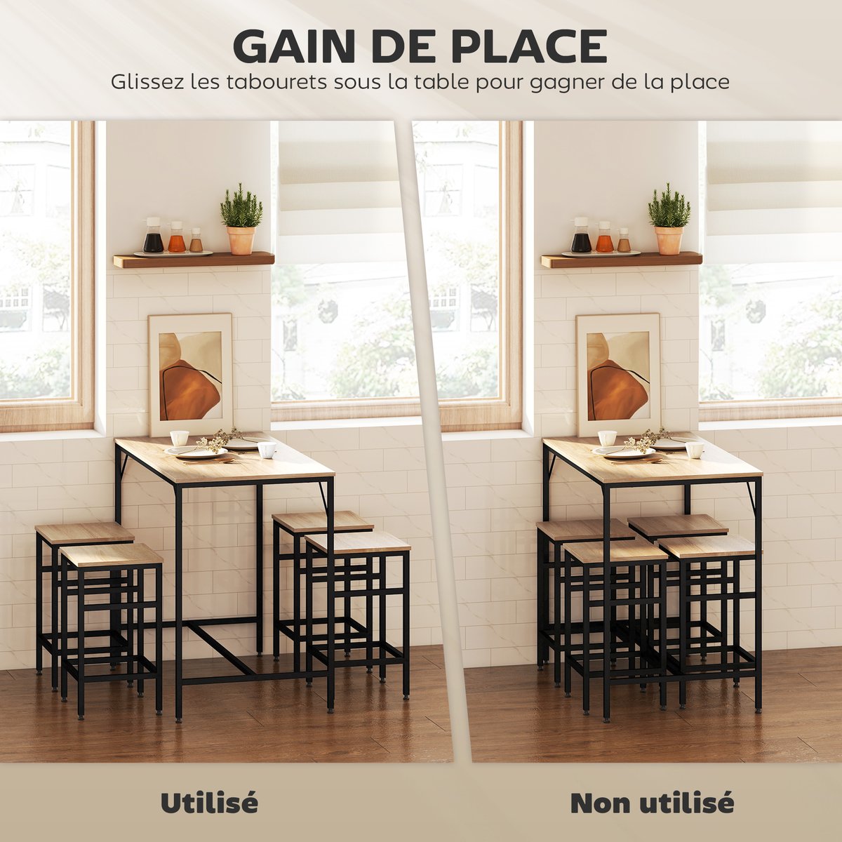 Ensemble de table de bar Métal Beige beige, bois clair, noir, HOMCOM