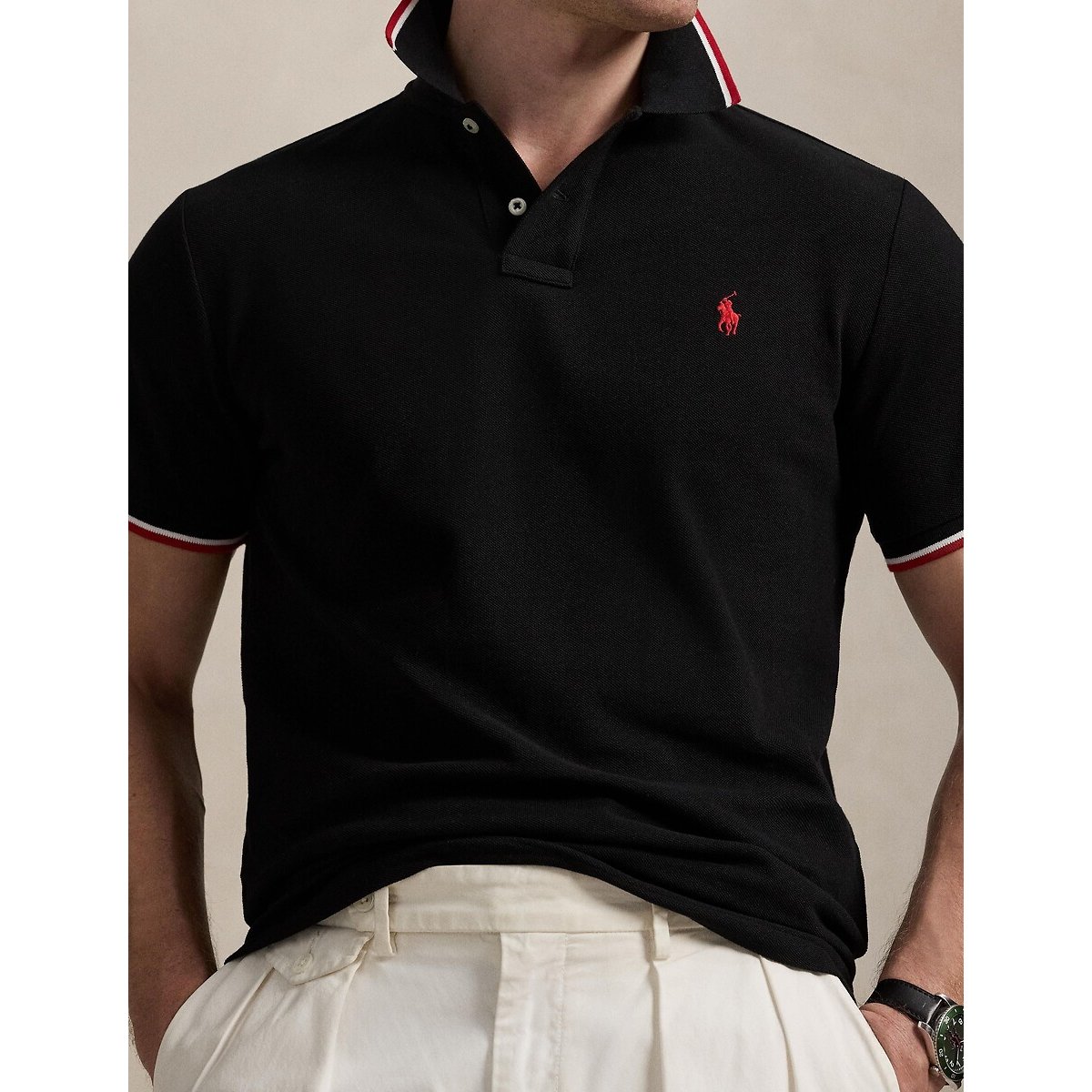 Polo dritta custom fit in maglia piqué nero , POLO RALPH LAUREN