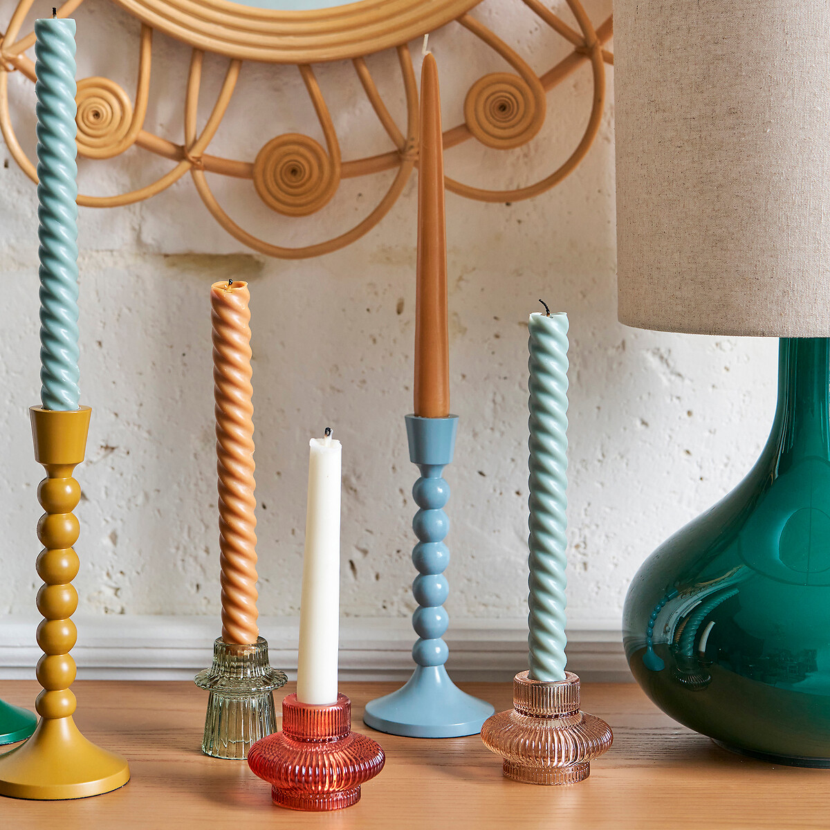 Sabri 6.8cm High Coloured Textured Glass Candlestick green, LA REDOUTE INTERIEURS