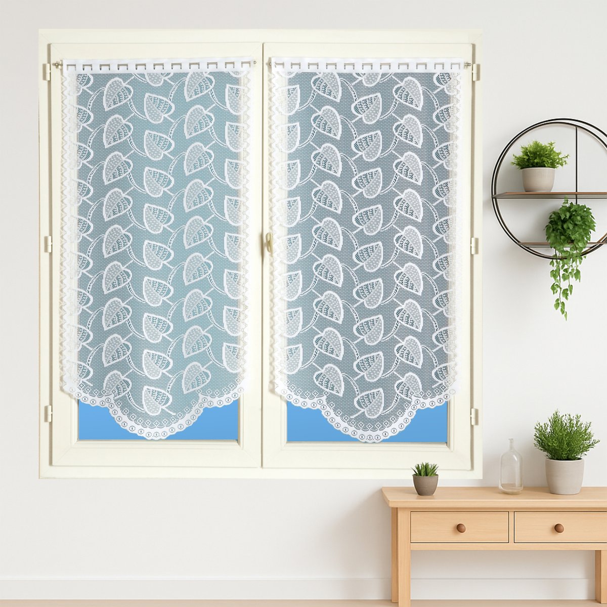 Paire de vitrages dentelle base arrondie feuilles blanc, HOME MAISON