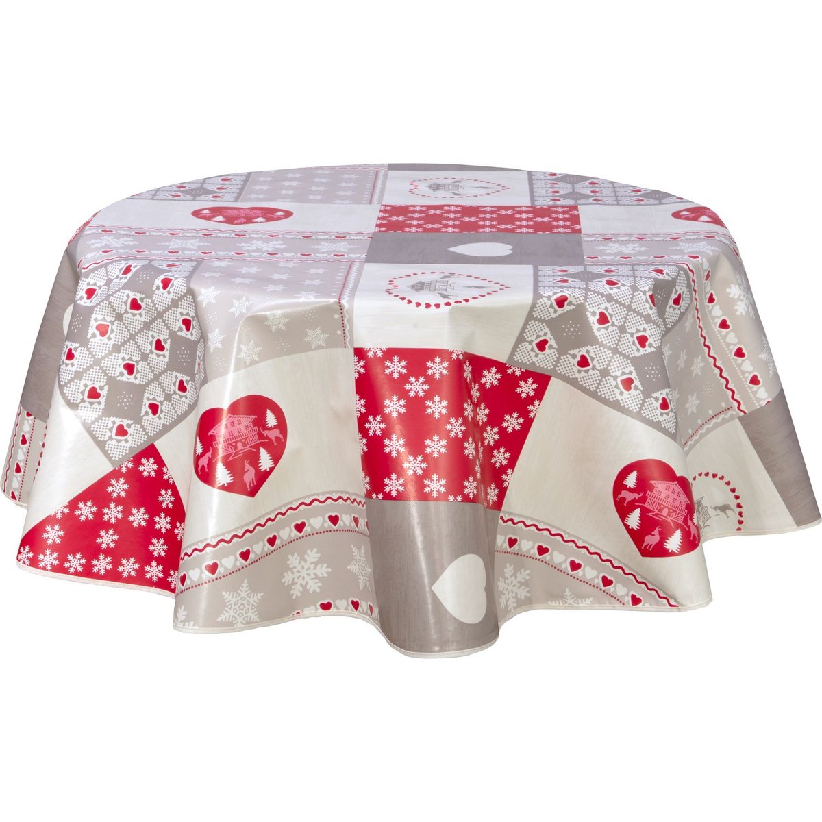 Nappe en toile cirée ronde à motifs cœur CHALETS rouge, TOILINUX