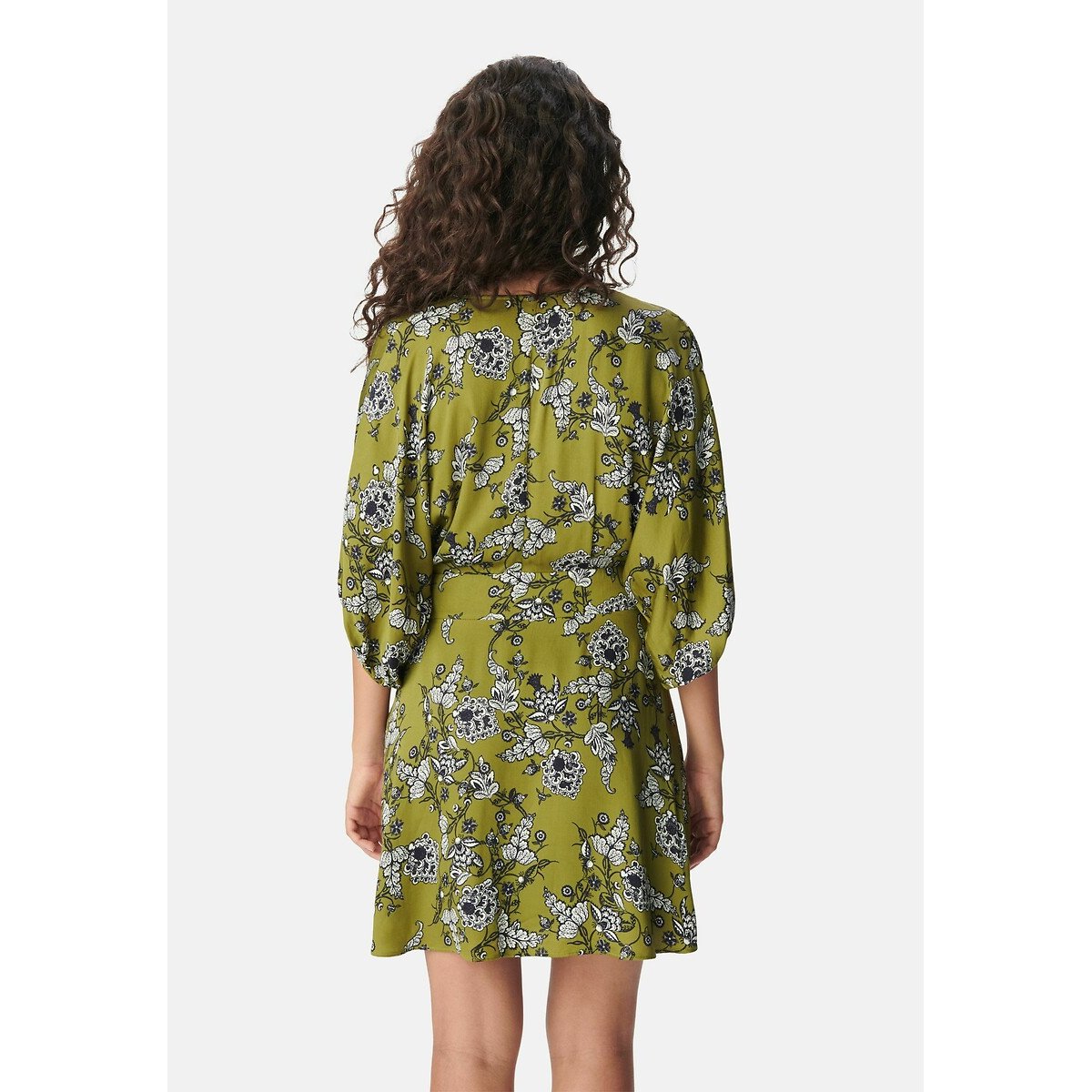 V-Neck Mini Dress with Floral Print and 3/4 Length Sleeves yellow print, IKKS