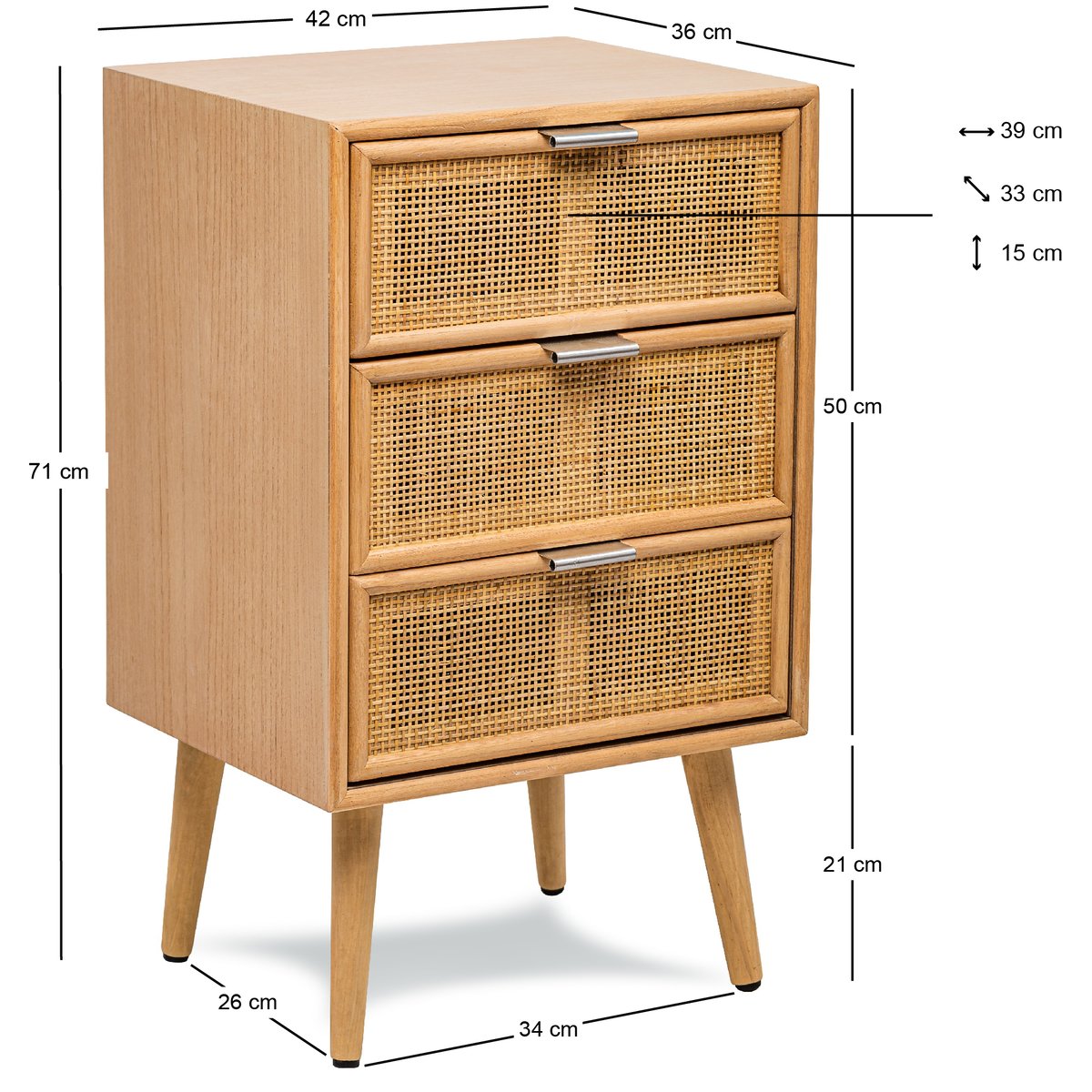 Chiffonnier 3 tiroirs, bois et rotin, NAGOYA bois naturel, NORDLYS