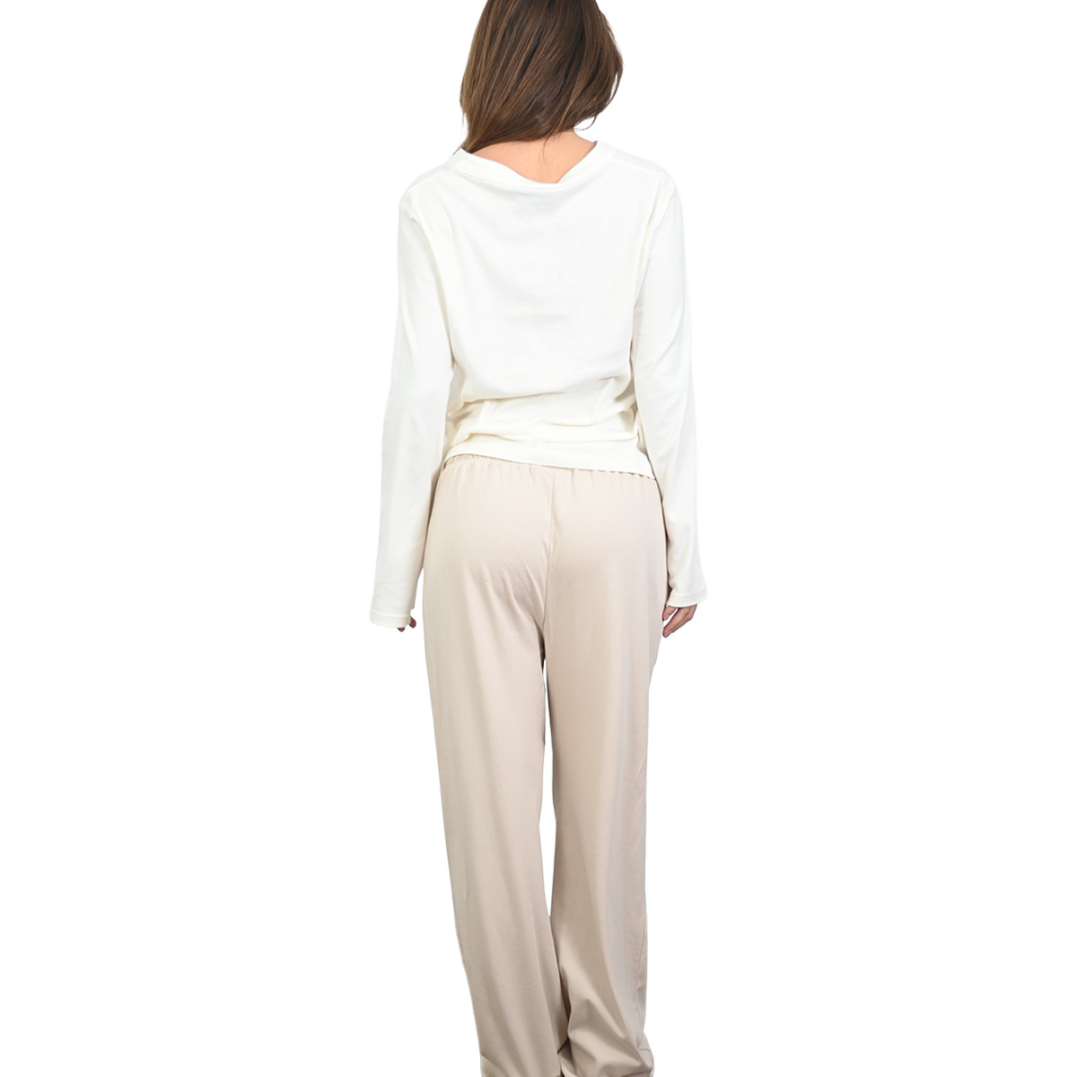 Pyjama femme t-shirt manches longues + pantalon en jersey SHEFFIELD sable/ecru, SENSEI MAISON