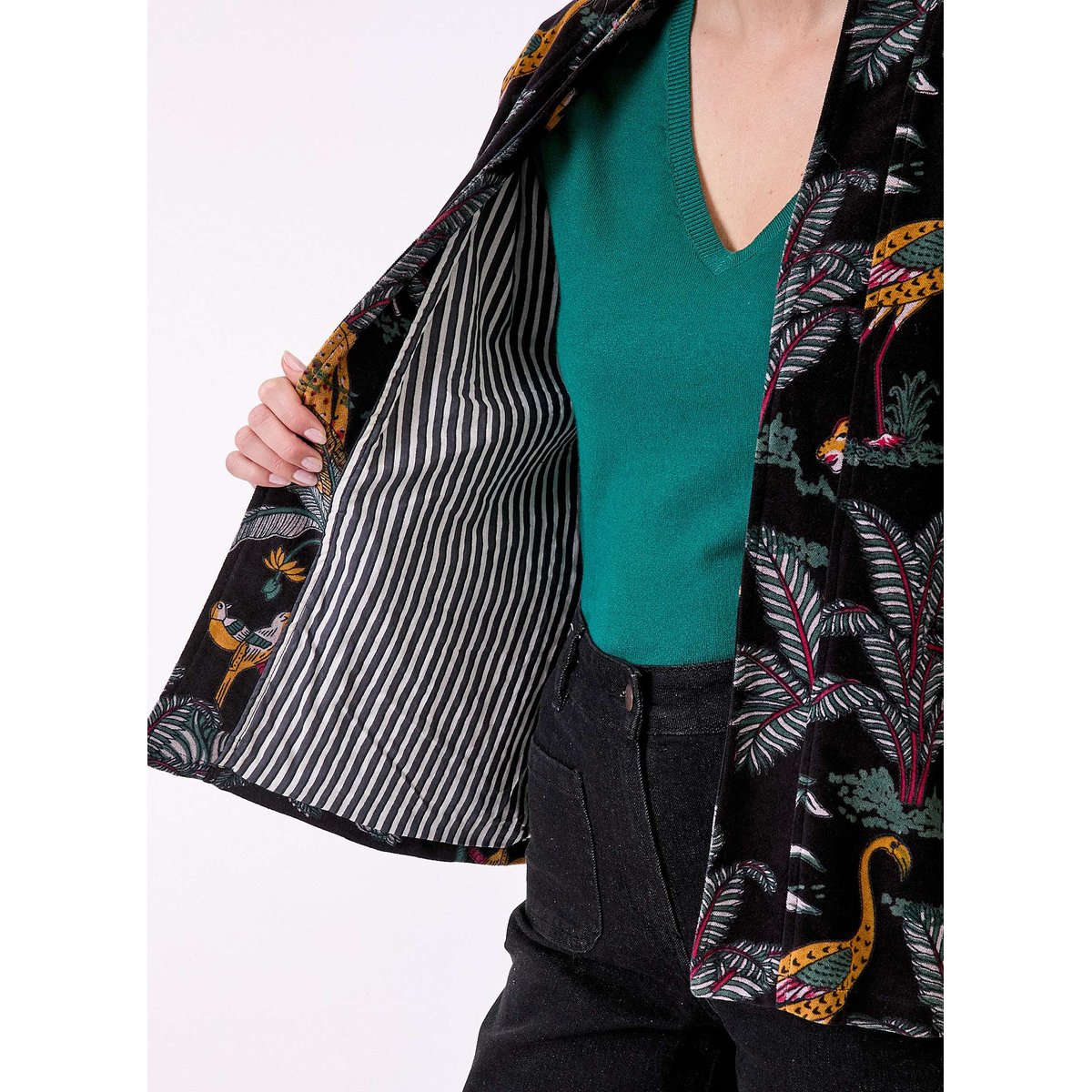Veste Kimono velours imprimé indien DHARMA noir doré, LA FIANCÉE
