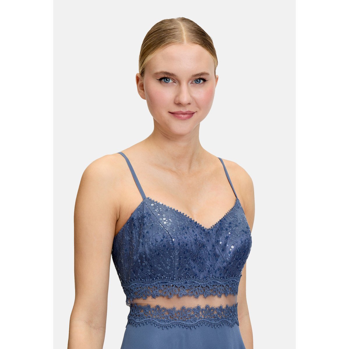 Robe de soirée en dentelle blue stone, VERA MONT
