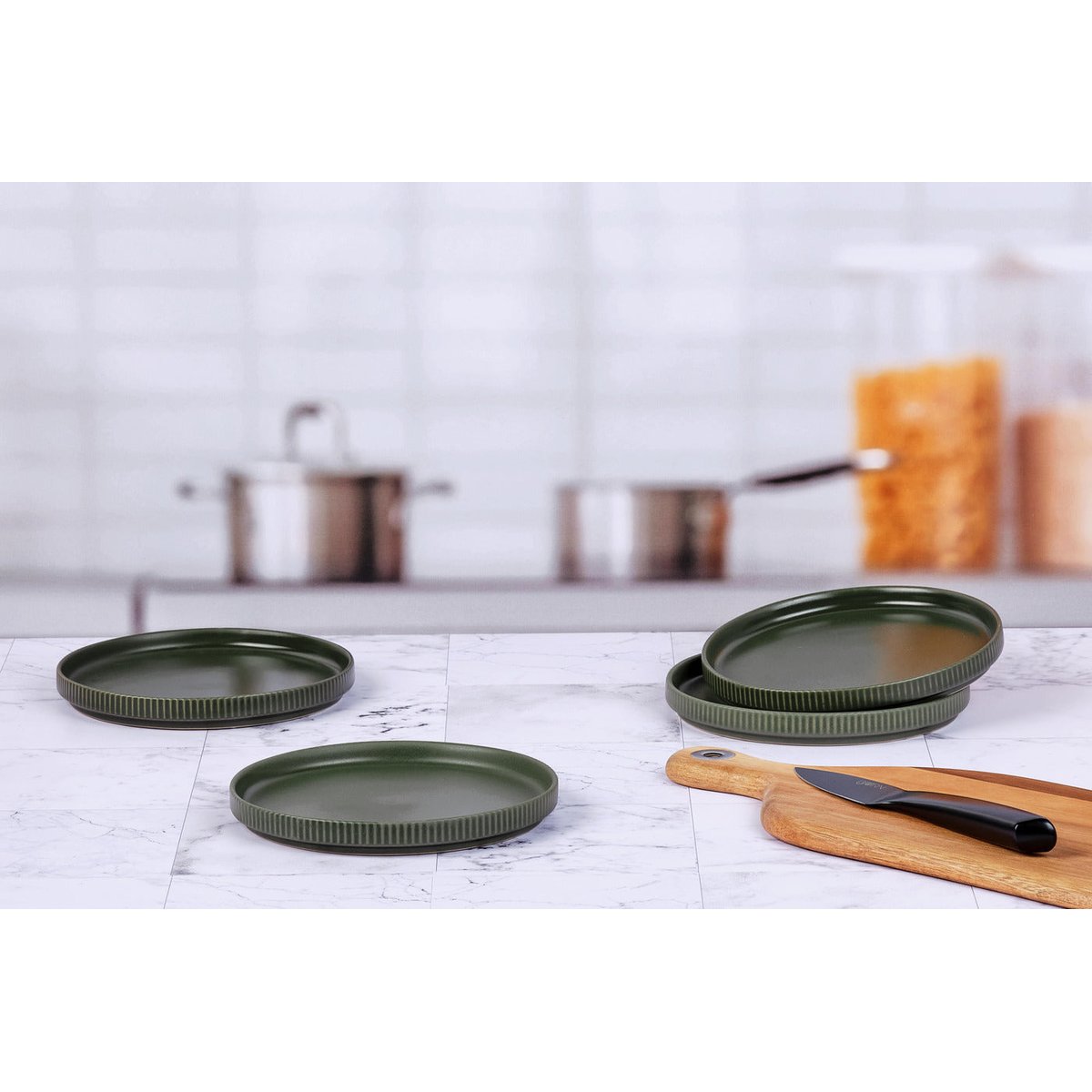 Lot de 4 assiettes à pain en grès, SCANDI vert olive, BJORN