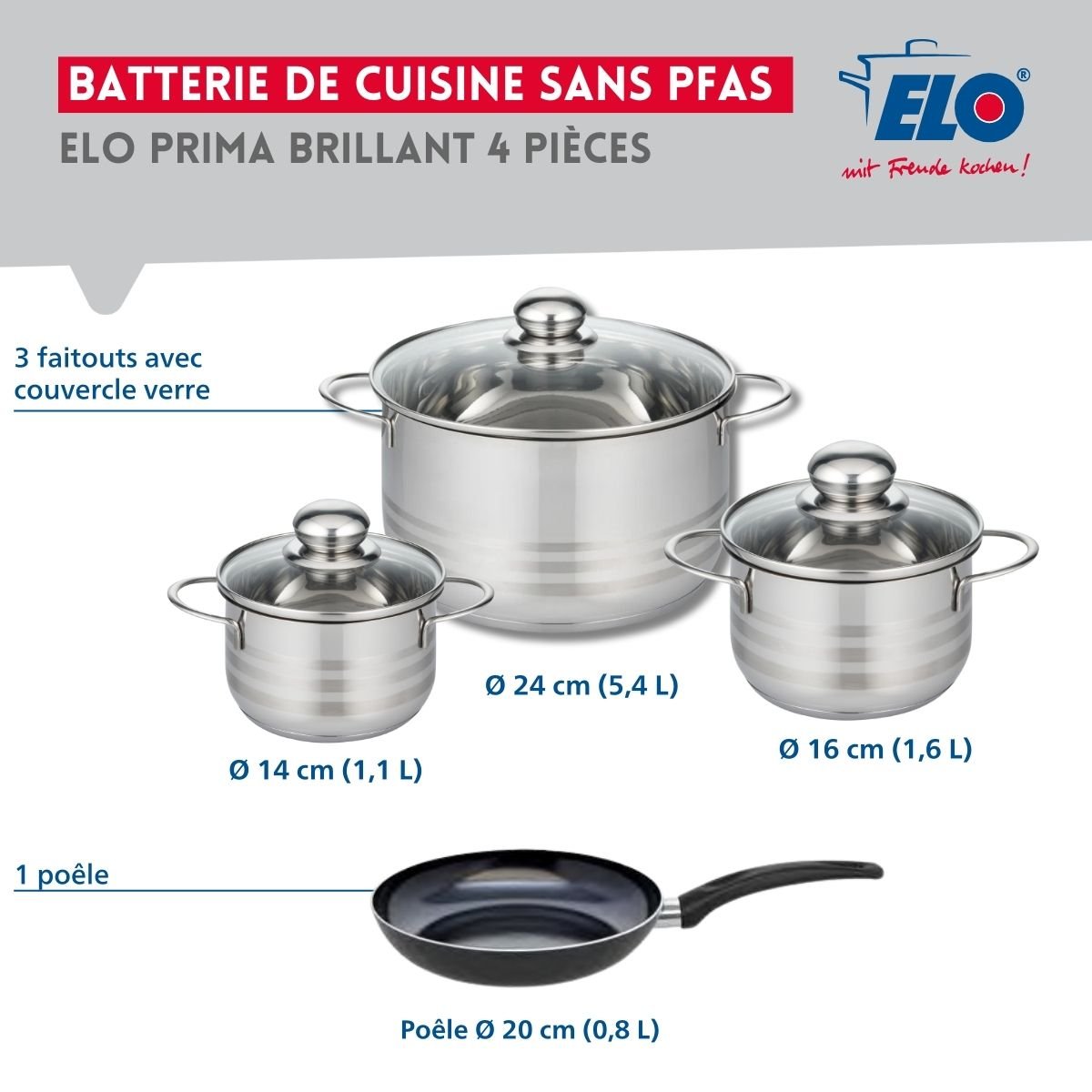 Batterie 1 poêle 20cm + 3 faitouts 14/16/24cm PRIMA BRILLANT noir, ELO