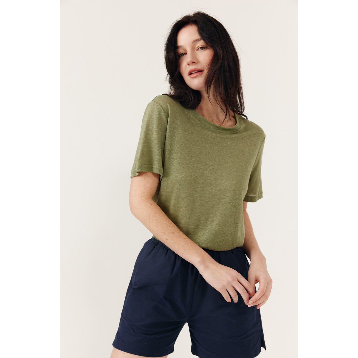 T-shirt à manches courtes col rond coupe droite en lin LYSENE khaki, ARTLOVE