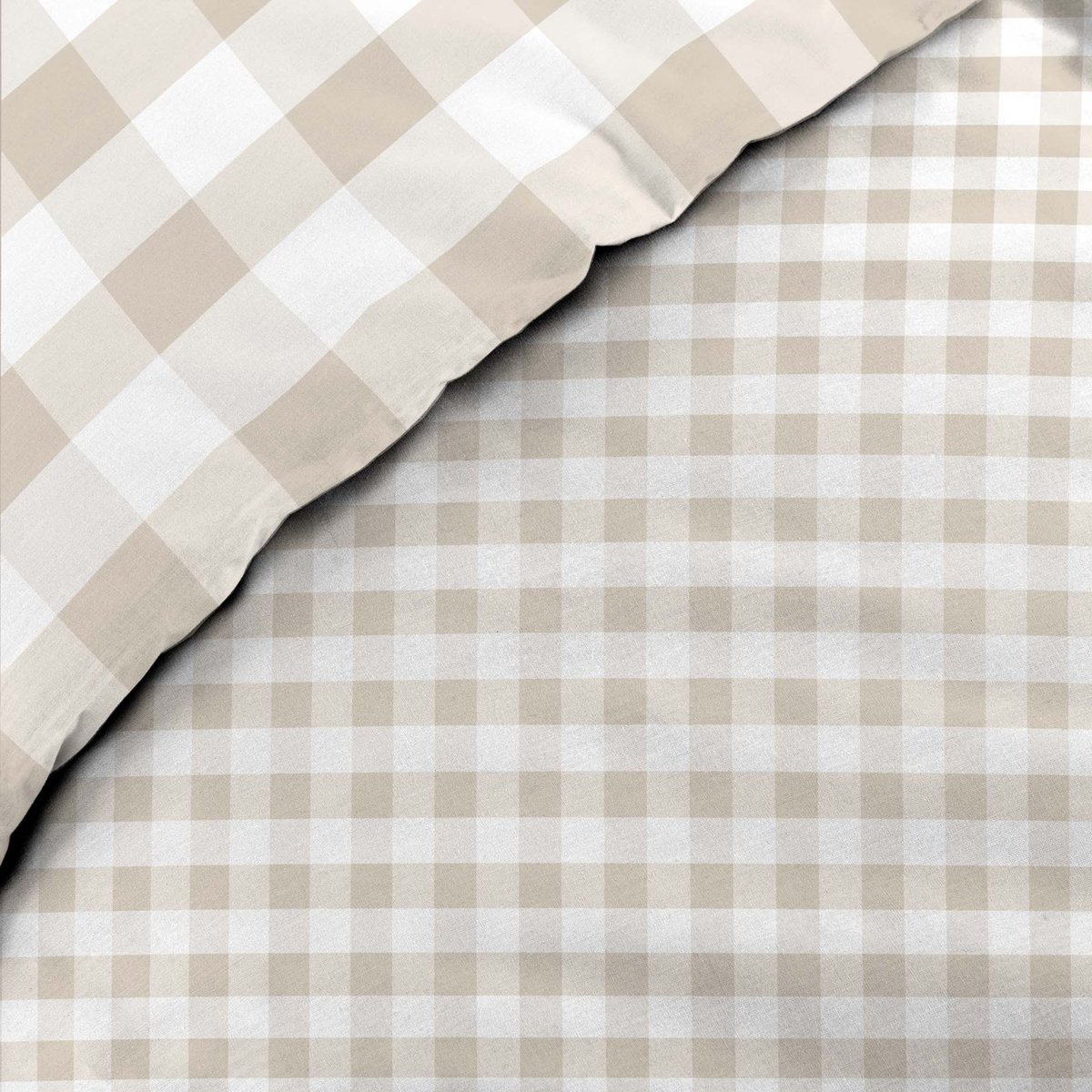 Parure de lit 3 pièces en coton à carreaux housse + taies naturel, DOUCEUR D'INTÉRIEUR
