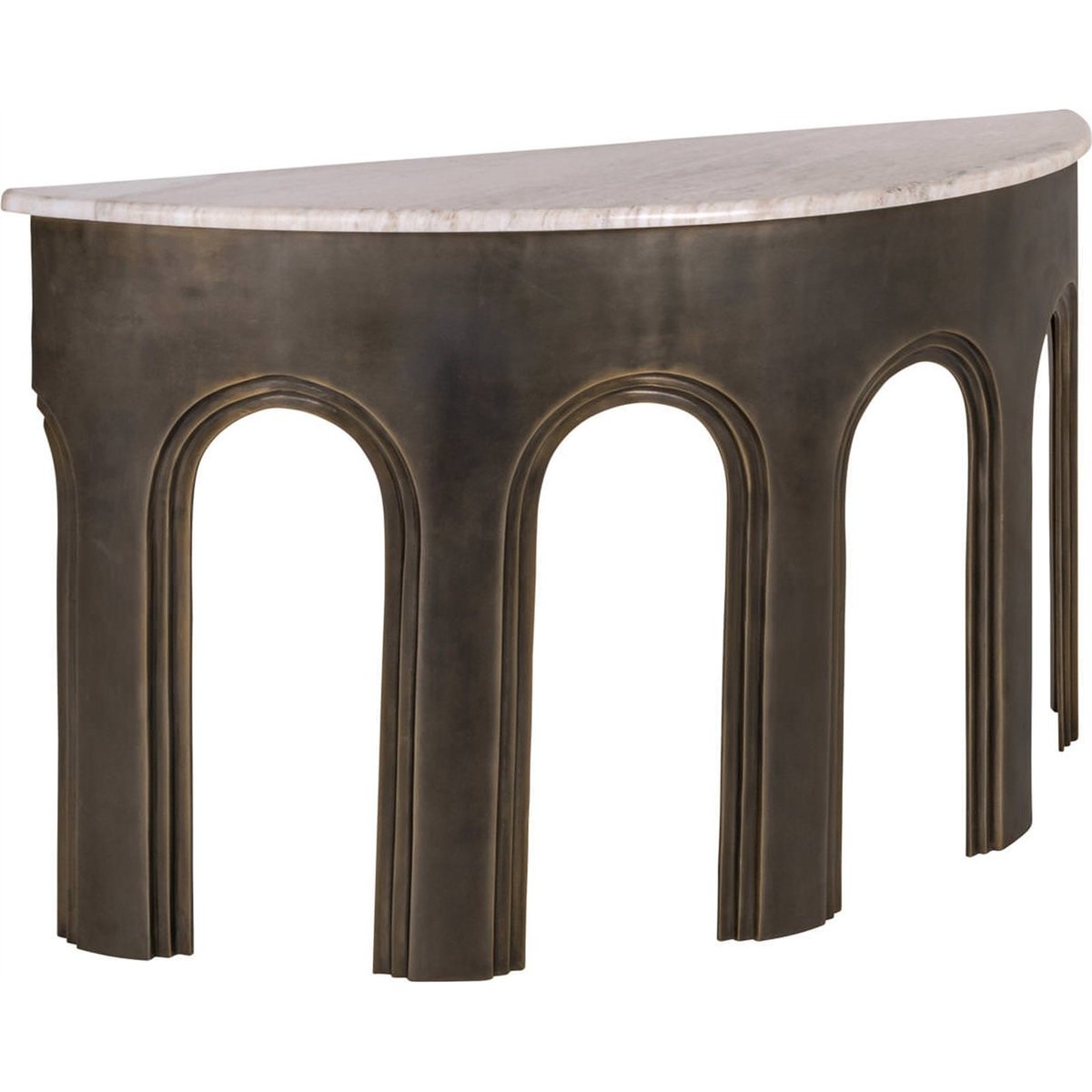 Console demi-lune en marbre et aluminium laiton antique et marbre clair, RECOLLECTION