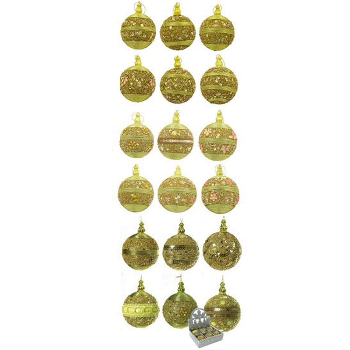Set de 6 boules de Noël décorées – Sequins, strass et perles jaune, EDEN