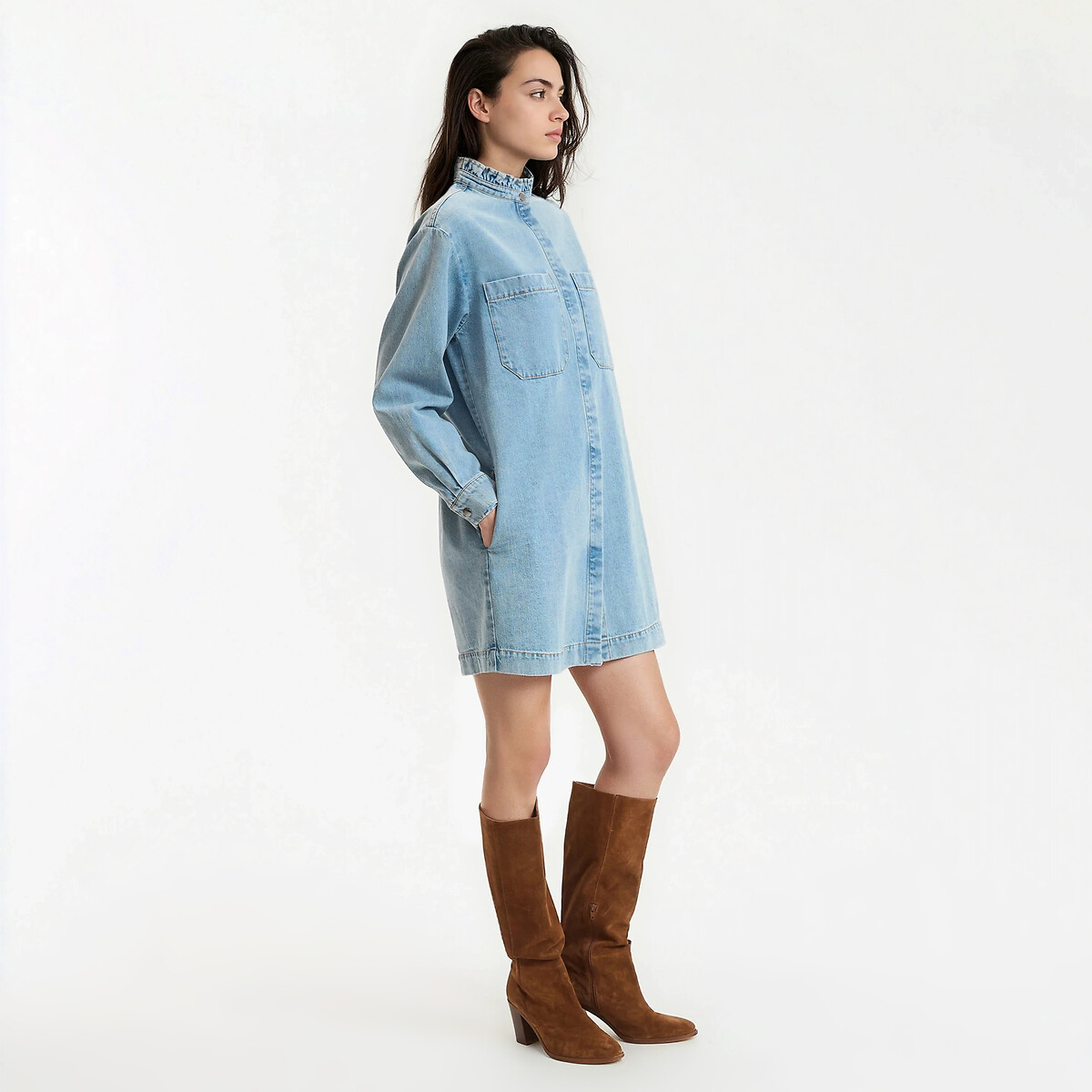 Robe courte à col volanté en denim, Signature DEBBIE double stone, LA REDOUTE COLLECTIONS