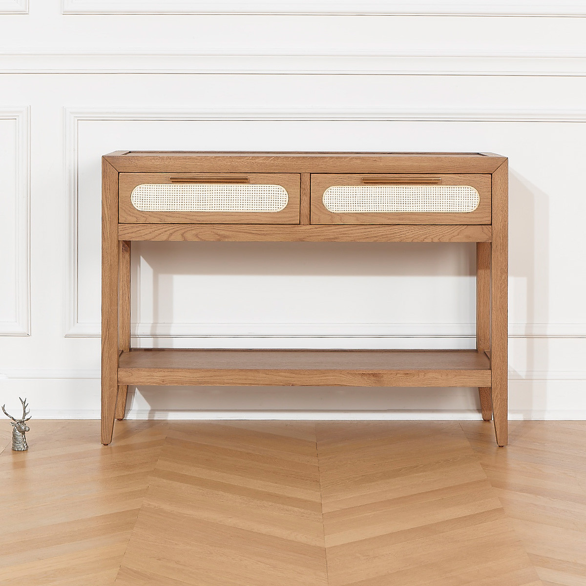 Console style contemporain, plateau en chêne, 2 tiroirs en rotin MONTANA marron, ROBIN DES BOIS