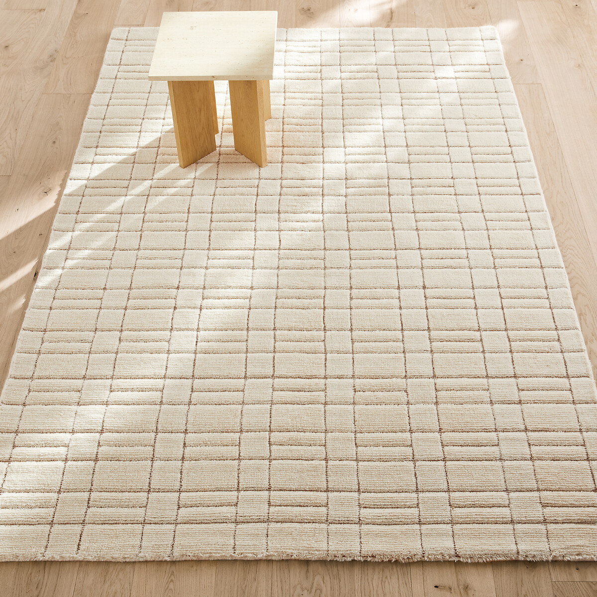 Tapis quadrillé en pure laine, noué main, Mondria ecru, AM.PM