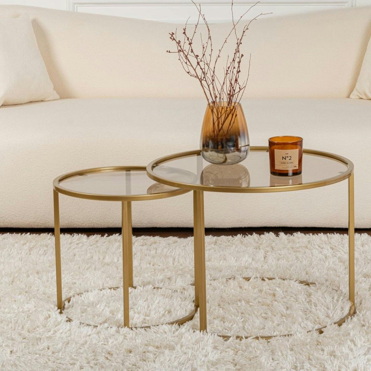 Table gigogne verre ambré - cadre doré (lot de 2) ⌀60 cm TULUM doré, PIER IMPORT