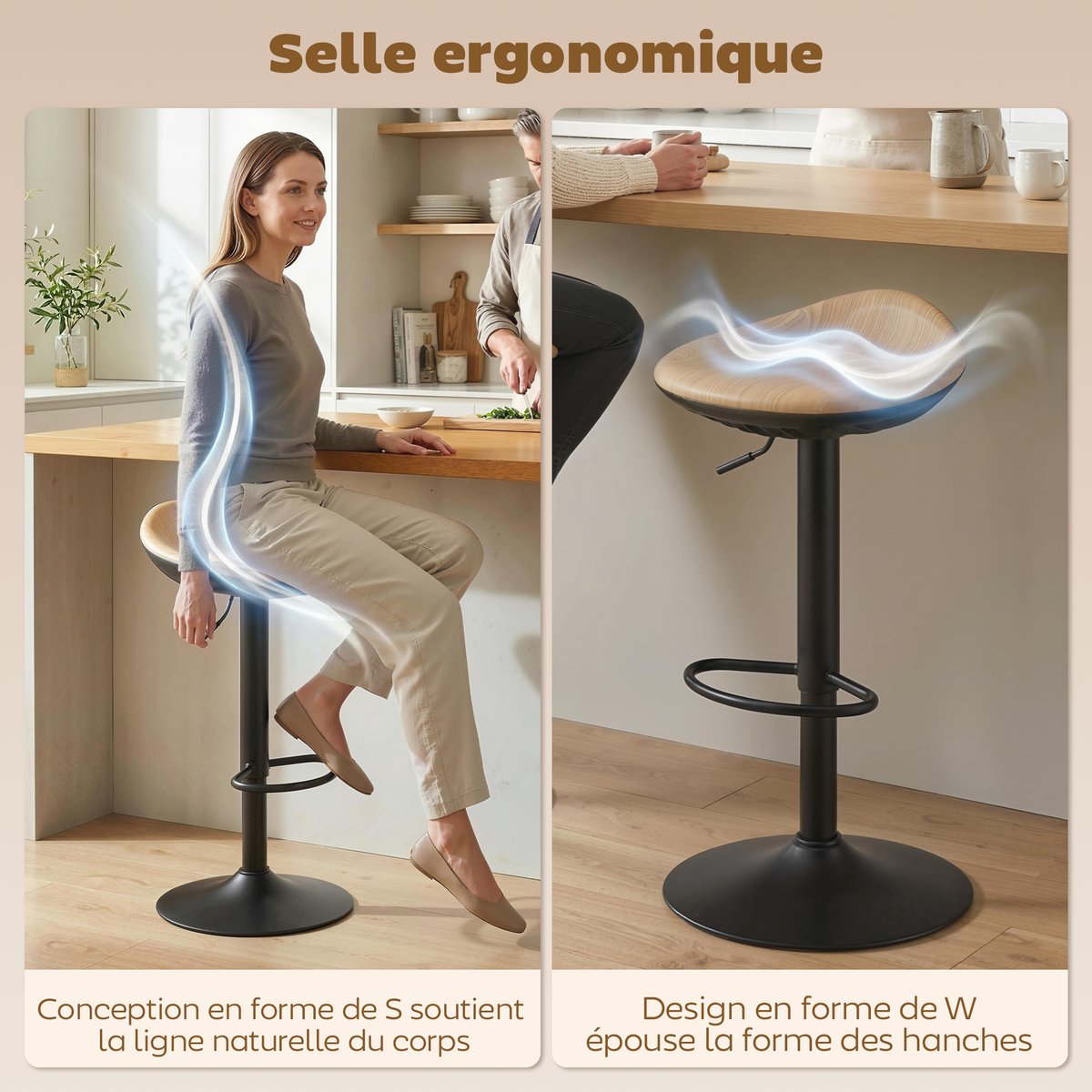 Tabouret de bar PU Chêne chêne, noir, HOMCOM