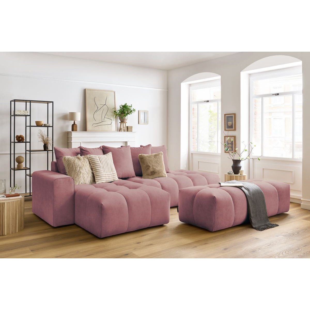 Canapé d'angle fixe 4 places en velours avec pouf, MONT-BLANC rose, BOBOCHIC