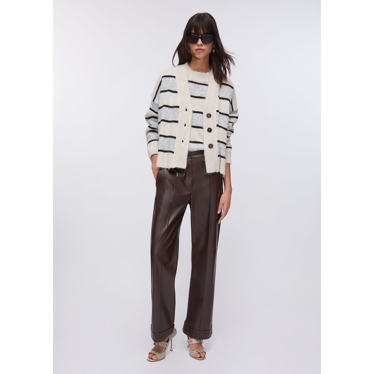 Cardigan à rayures en laine et alpaga gris et beige, LIU JO