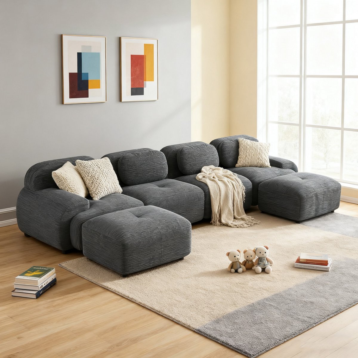 Canapé droit 4 places avec 2 poufs en velours côtelé, SNOW gris, MEUBLES COSY