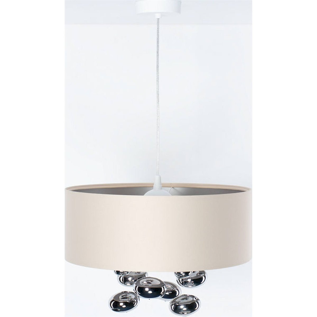Suspension ronde en tissu avec boules Bubble Light crème satin et finition argent mat, BPS KONCEPT