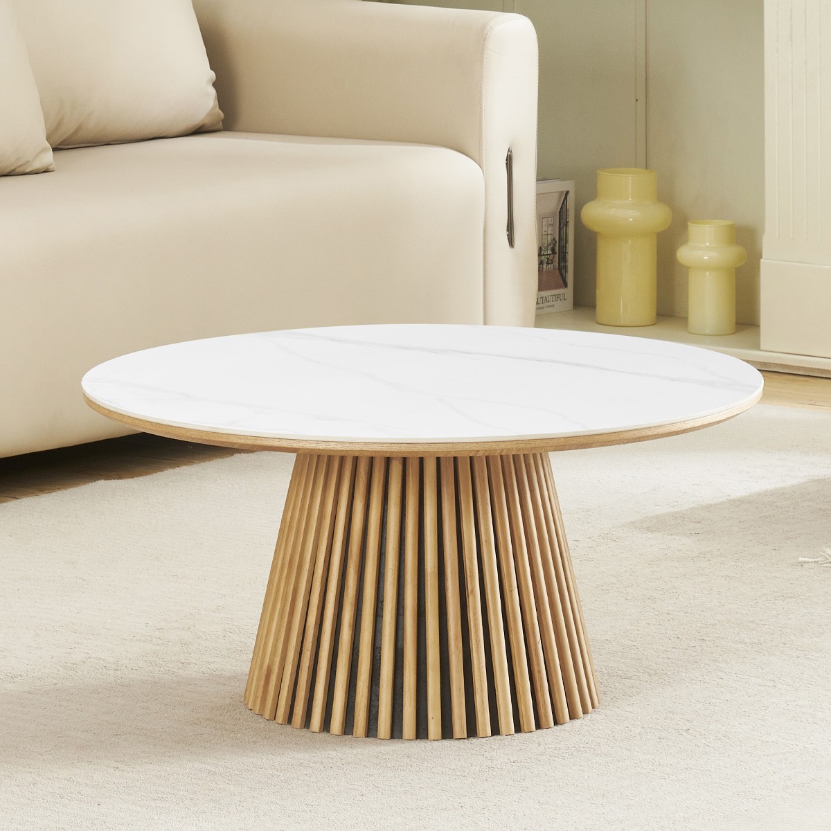 Table basse ronde plateau en céramique bicolore piètement cannelé - ADA marbre et bois clair, HOMIFAB