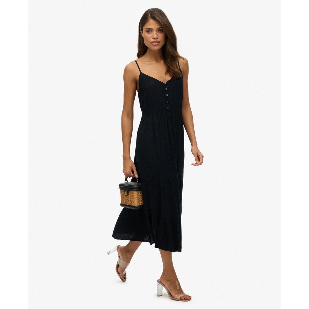 Robe mi-longue semi-boutonnée à volants noir, SUPERDRY