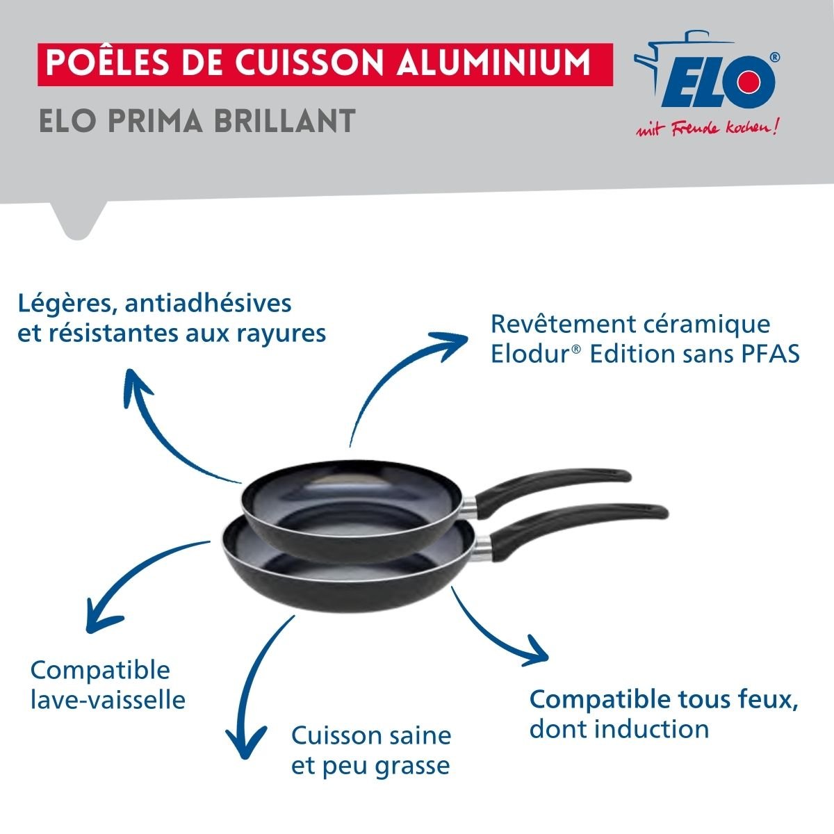 Batterie 2 poêles 20/24cm + 1 faitout 20cm PRIMA BRILLANT noir, ELO
