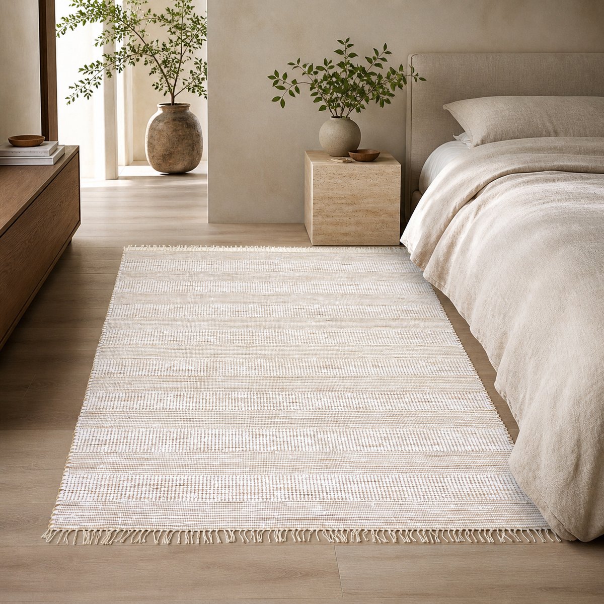 Tapis à franges en coton et jute motif rayé TOFOU blanc naturel, THE DECO FACTORY