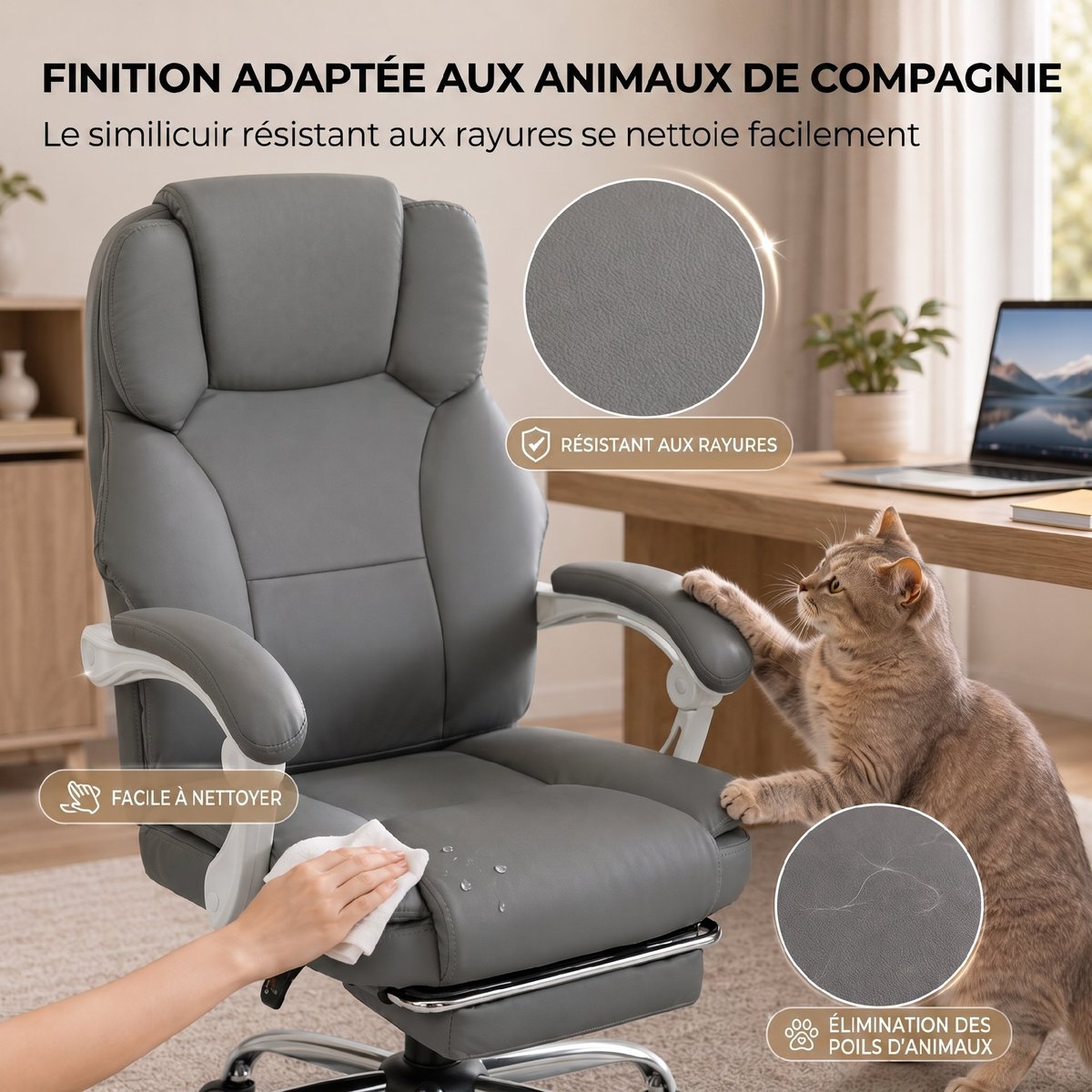 Chaise de bureau Cuir synthétique adapté aux gris, HOMCOM