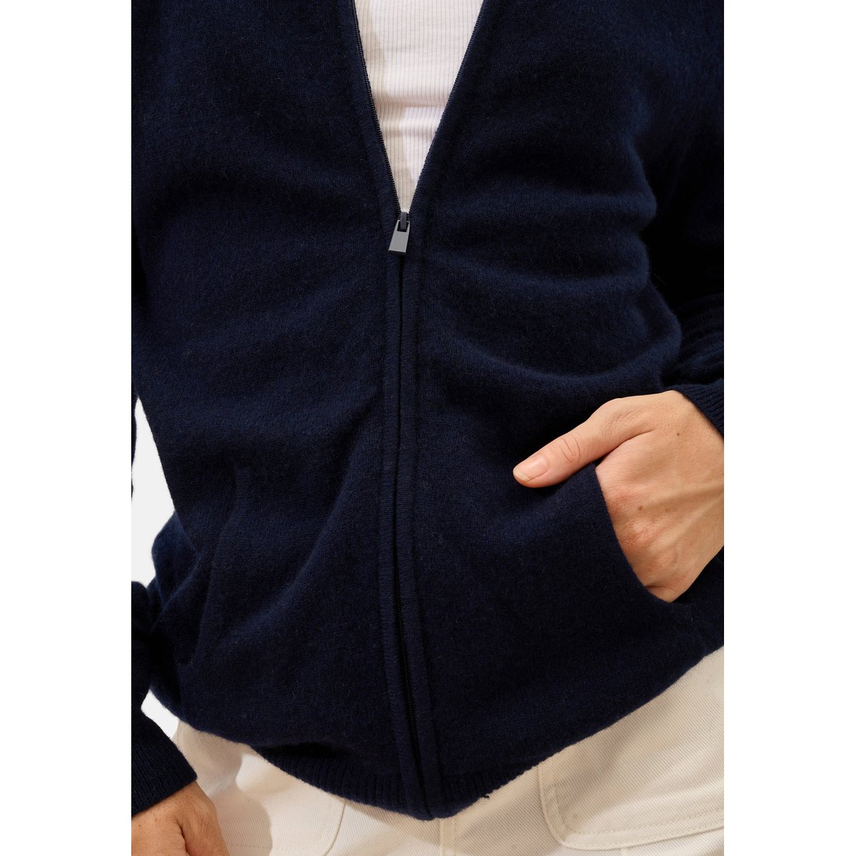 Gilet Zippé Col Montant Navy Ayr bleu foncé, JUST CASHMERE