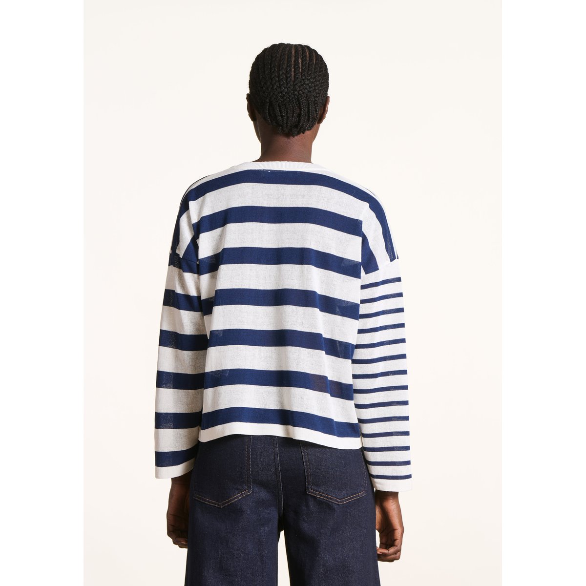 Pull ample rayé en maille fine col V ecru / bleu, LA FEE MARABOUTEE
