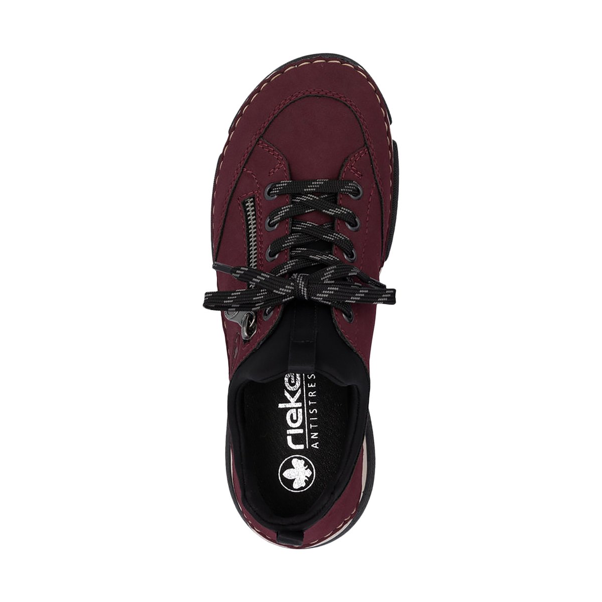 Sneakers noires à talon compensé bas avec semelle beige et zip latéral rouge, RIEKER