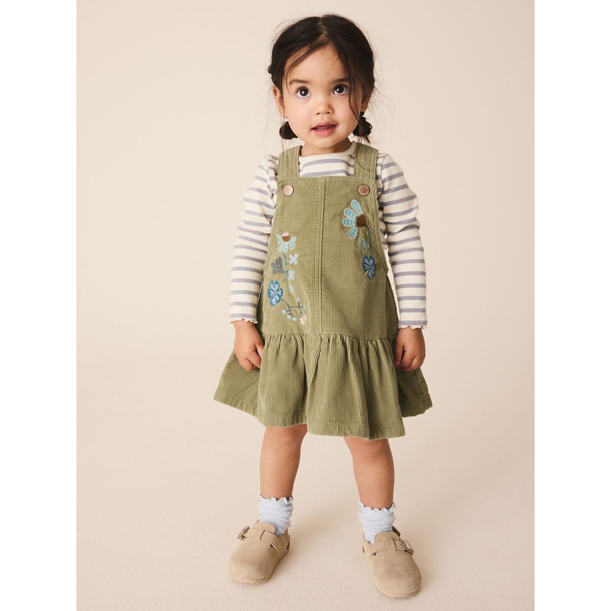 Robe salopette velours/haut manches longues vert olive, NEXT